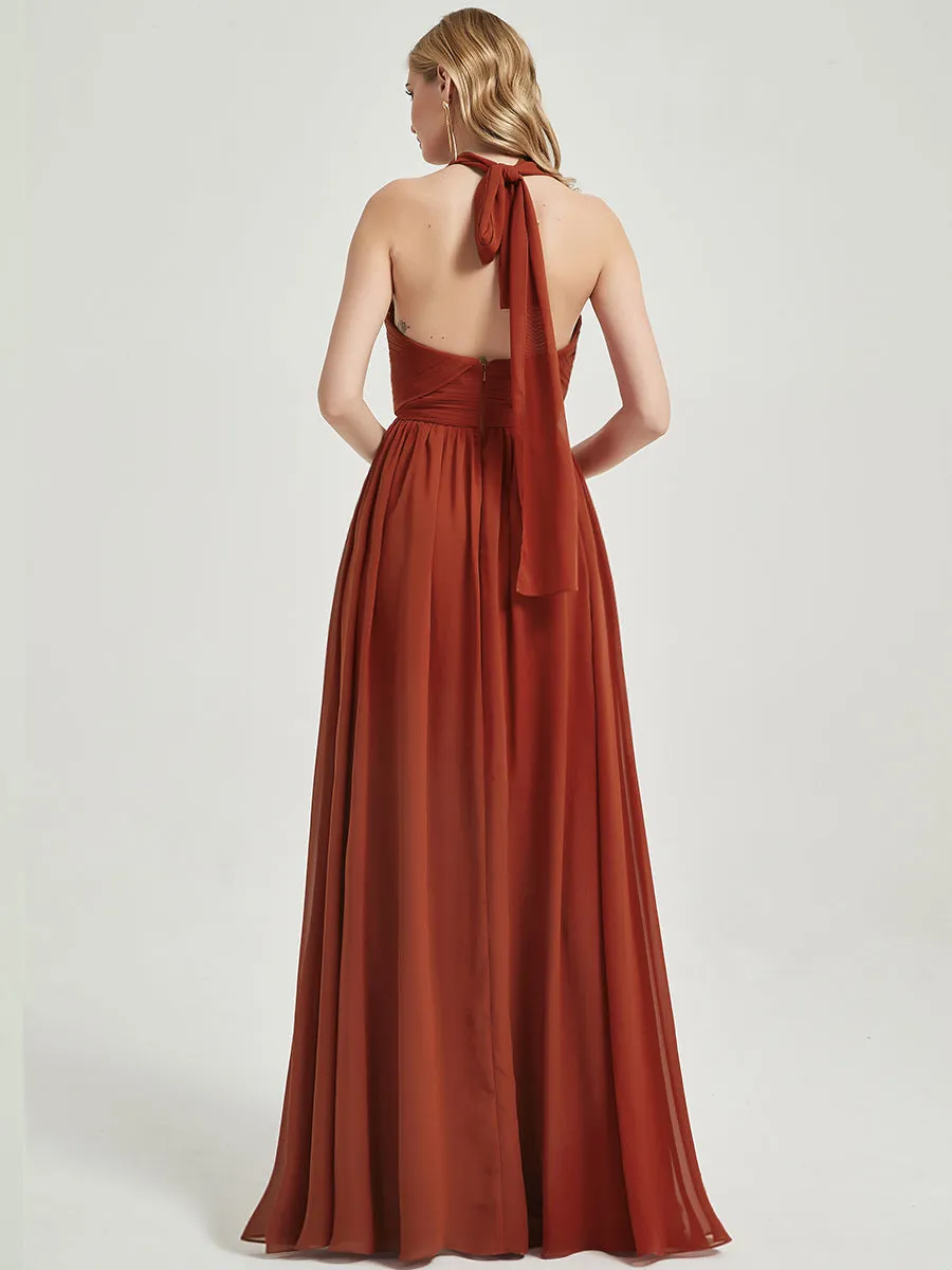 Rusty Red Pleated Convertible Maxi Chiffon Bridesmaid Dress