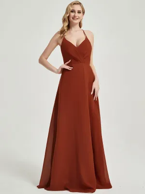 Rusty Red Pleated Halter V-Neck Backless Maxi Chiffon Bridesmaid Dress