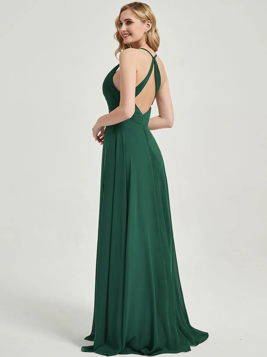 Rusty Red Pleated Halter V-Neck Backless Maxi Chiffon Bridesmaid Dress