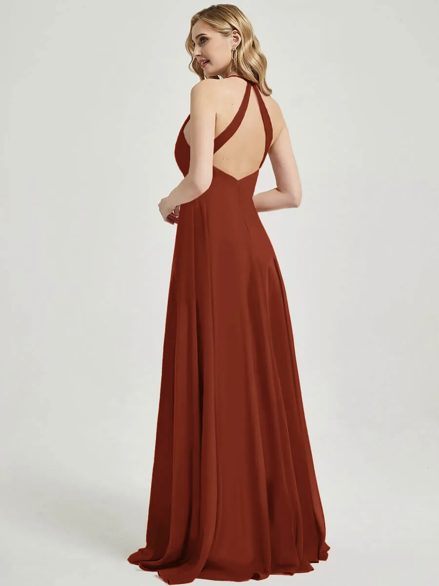 Rusty Red Pleated Halter V-Neck Backless Maxi Chiffon Bridesmaid Dress