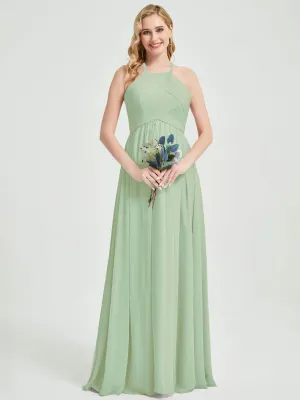 Sage Green Halter Pleated Keyhole Back Chiffon Bridesmaid Dress