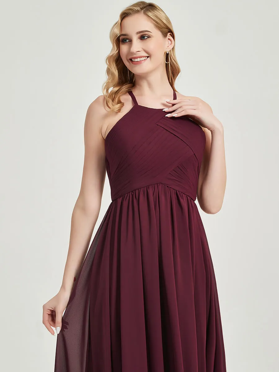 Sage Green Halter Pleated Keyhole Back Chiffon Bridesmaid Dress