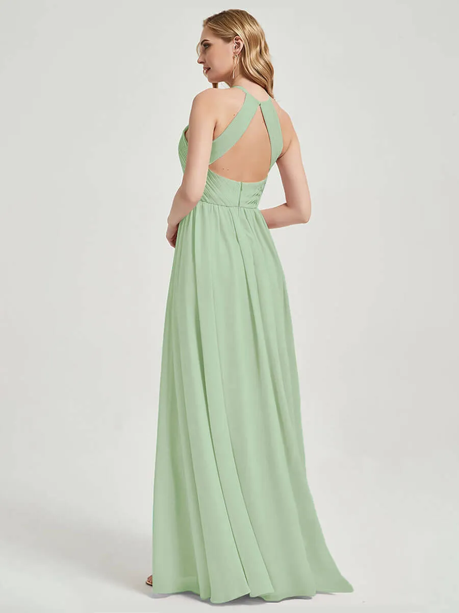 Sage Green Halter Pleated Keyhole Back Chiffon Bridesmaid Dress