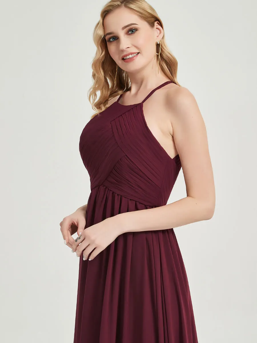 Sage Green Halter Pleated Keyhole Back Chiffon Bridesmaid Dress