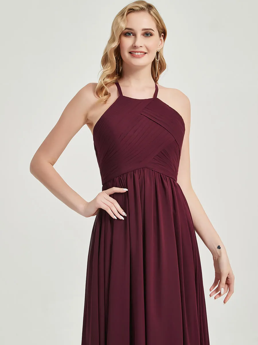 Sage Green Halter Pleated Keyhole Back Chiffon Bridesmaid Dress