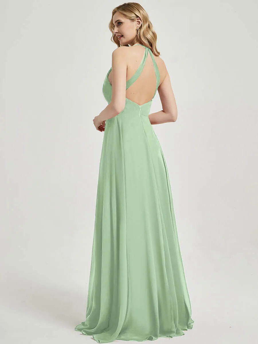 Sage Green Pleated Halter V-Neck Backless Maxi Chiffon Bridesmaid Dress