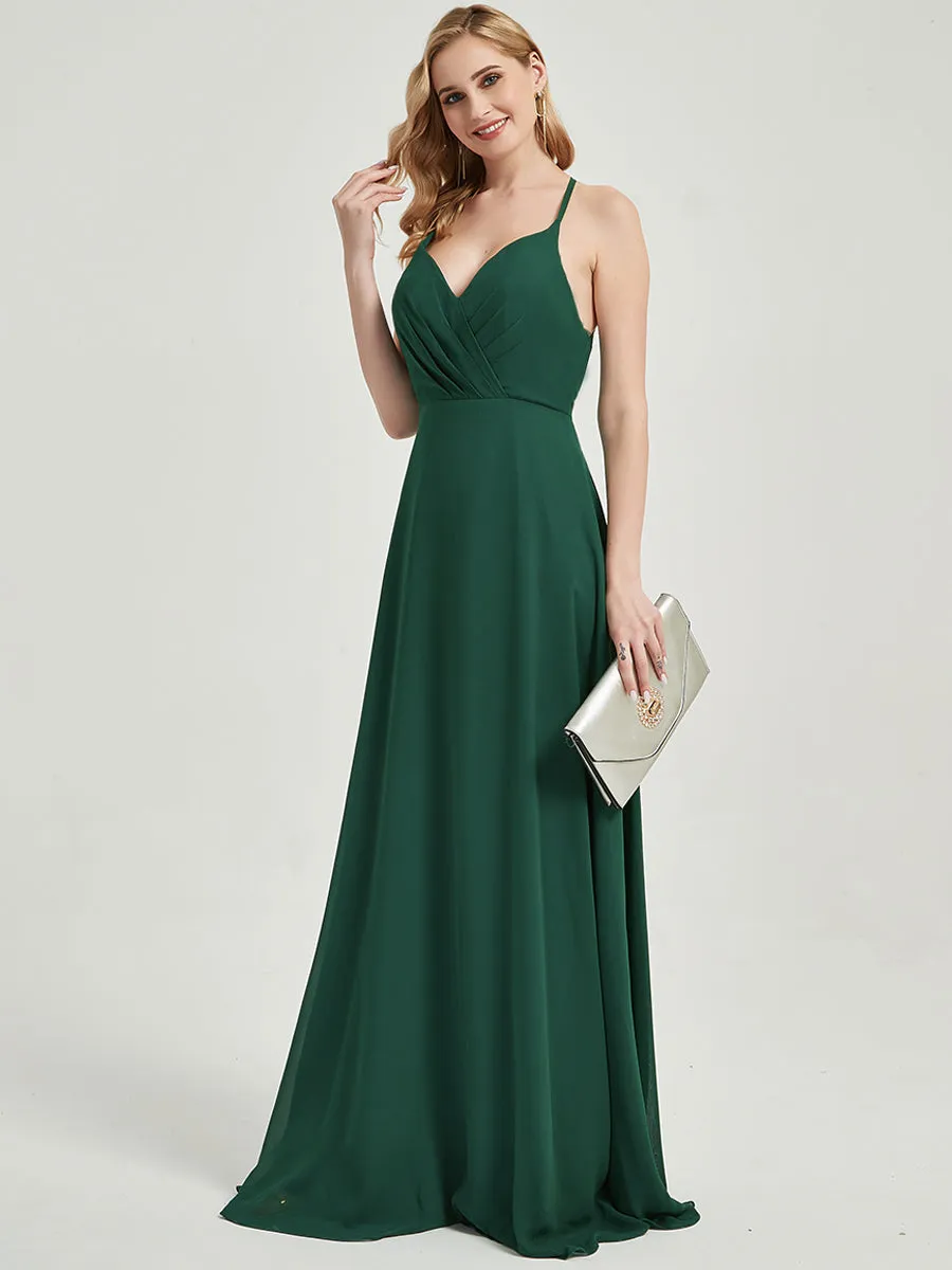 Sage Green Pleated Halter V-Neck Backless Maxi Chiffon Bridesmaid Dress