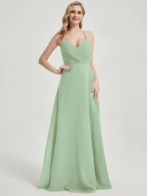 Sage Green Pleated Halter V-Neck Backless Maxi Chiffon Bridesmaid Dress