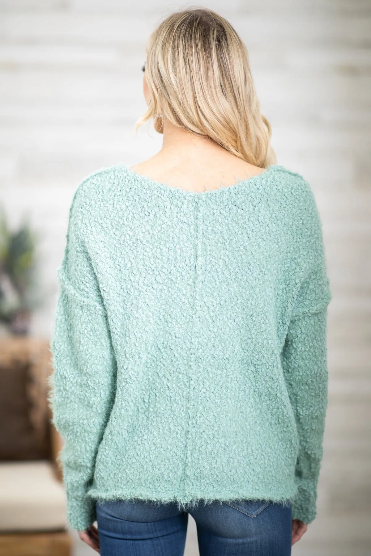 Sage V-Neck Eyelash Sweater