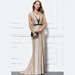 sd-hk Deep V Neck Gold Fishtail Evening Dress Sexy Banquet Dress