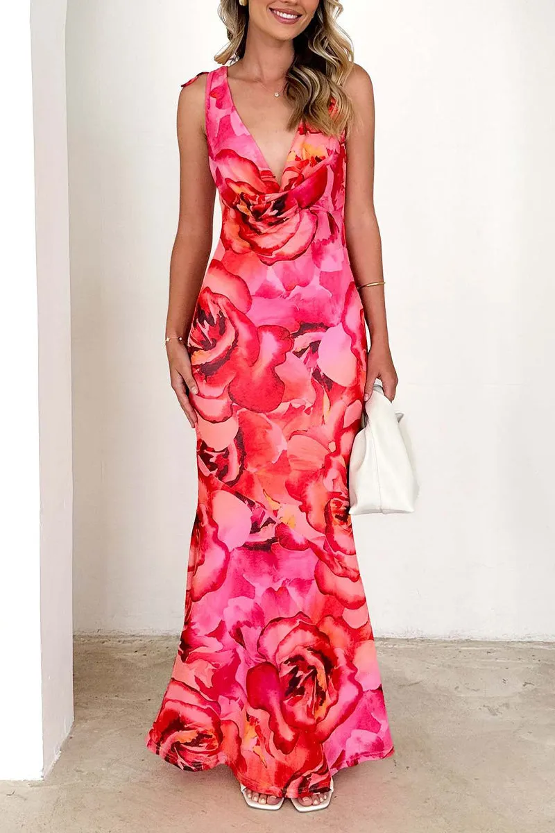 Sexy Floral Print Lace Up Backless Contrast V Neck Long Dresses