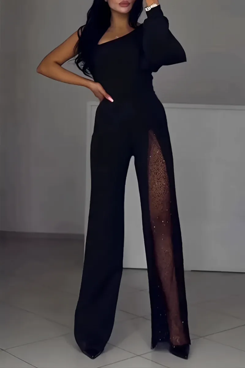 Sexy See-Through Mesh Sloping Shoulder Regular Jumpsuits