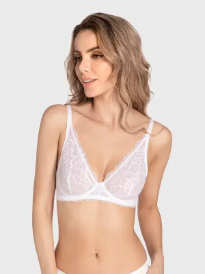Sexy Unpadded Mesh Sheer Lace V Plunge Bra White