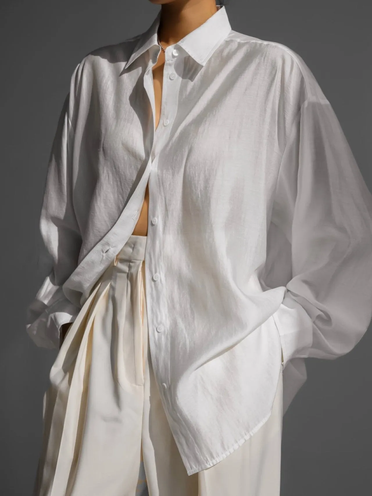 SHEER SILKY BUTTON DOWN SHIRT