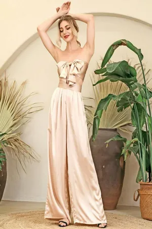 Silky Strapless High Waisted Two Piece Pants Set - Nude