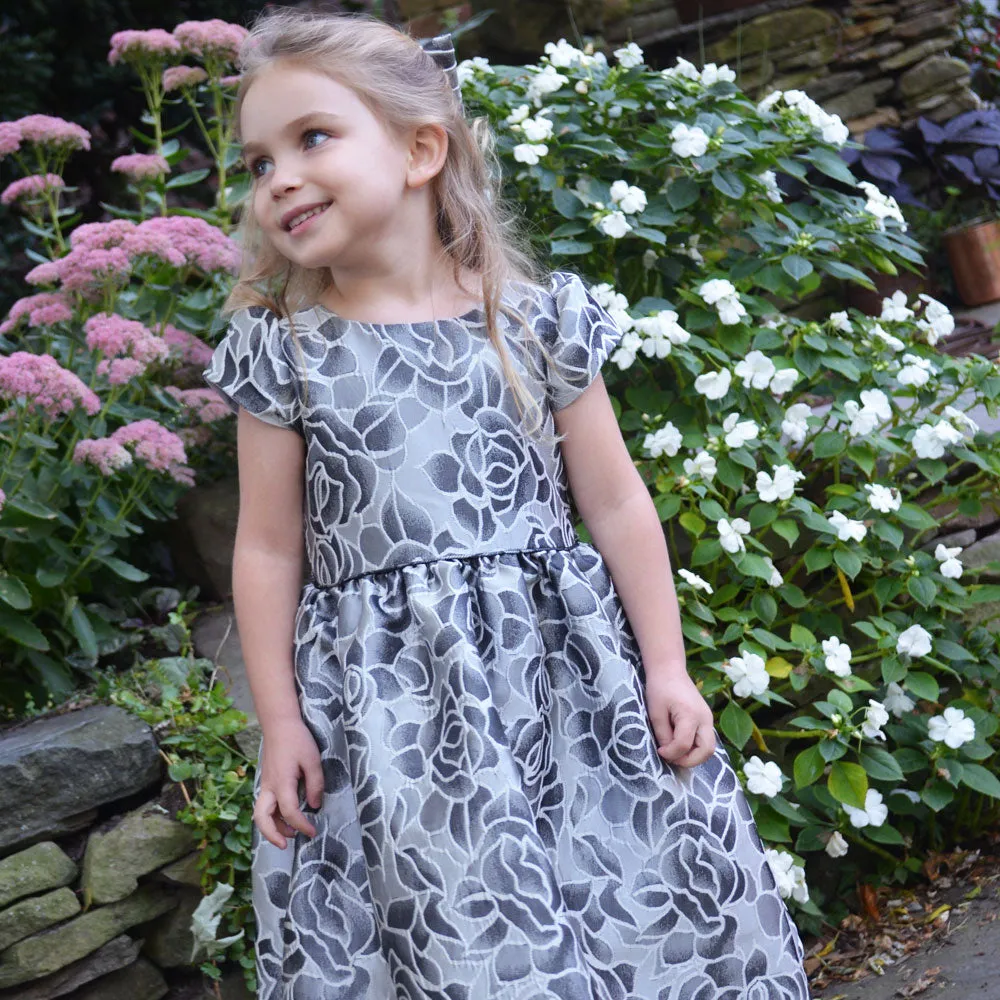 Silver Floral Jacquard Dress and Hair Bow