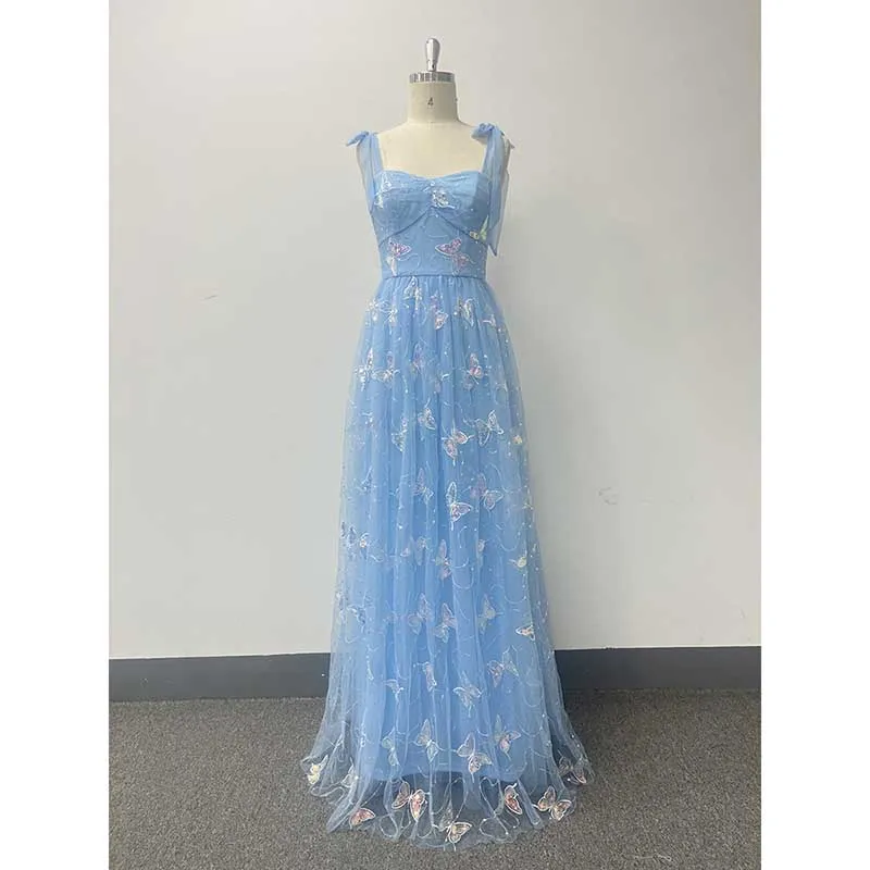 Sky Blue Wedding Guest Dress Square Neck Long Prom Dress Tulle Bridesmaid Dress