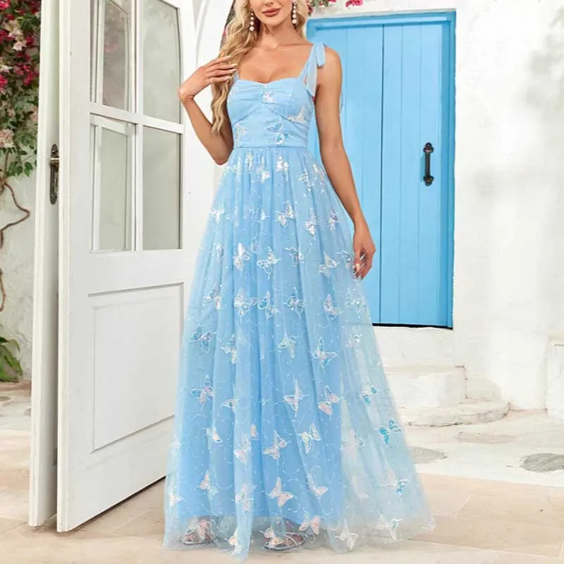 Sky Blue Wedding Guest Dress Square Neck Long Prom Dress Tulle Bridesmaid Dress