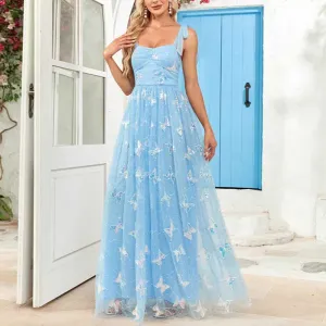 Sky Blue Wedding Guest Dress Square Neck Long Prom Dress Tulle Bridesmaid Dress