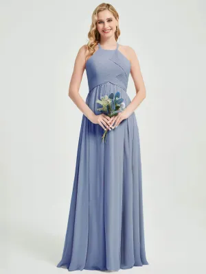Slate Blue Halter Pleated Keyhole Back Chiffon Bridesmaid Dress