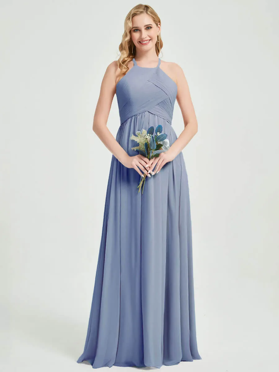 Slate Blue Halter Pleated Keyhole Back Chiffon Bridesmaid Dress