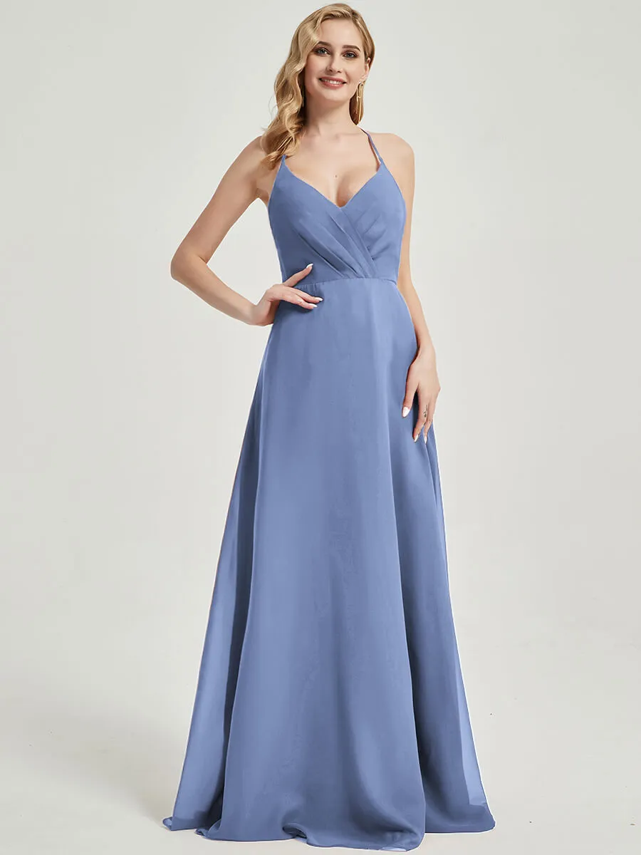 Slate Blue Pleated Halter V-Neck Backless Maxi Chiffon Bridesmaid Dress