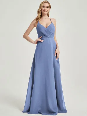 Slate Blue Pleated Halter V-Neck Backless Maxi Chiffon Bridesmaid Dress