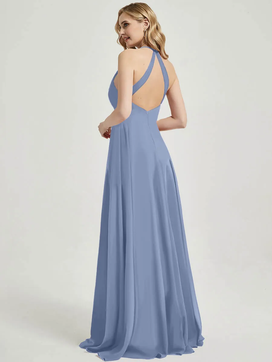 Slate Blue Pleated Halter V-Neck Backless Maxi Chiffon Bridesmaid Dress