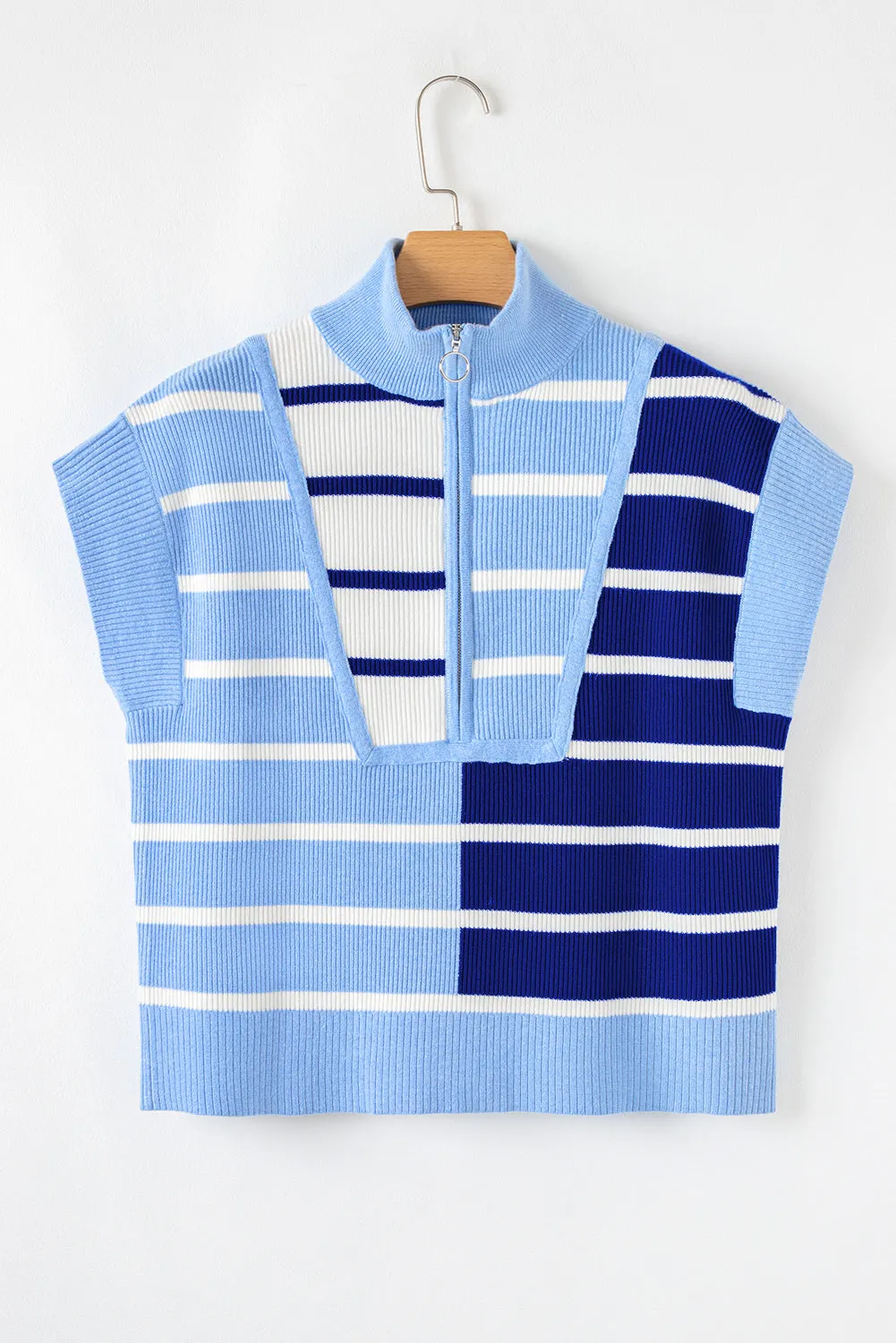 Stamford Sky Blue Stripe Quarter Zip Knit Vest