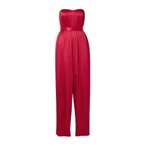 Strapless Belted Plissé Silk-Satin Jumpsuit