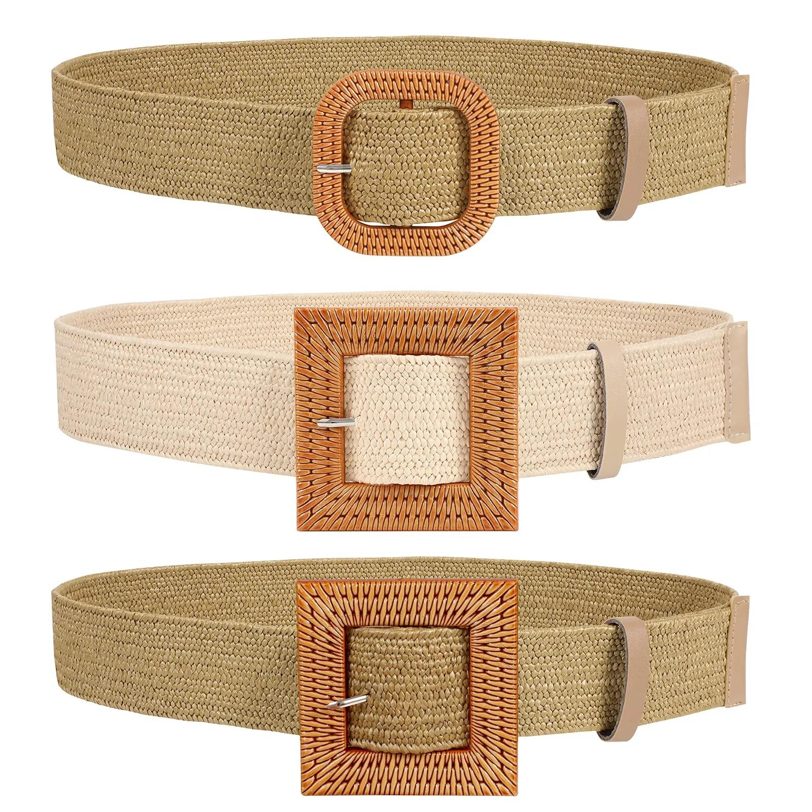 Straw Woven Elastic Stretch Belts Women, Wide Boho Braided Dress Belts with Wooden Style Buckle by JASGOOD