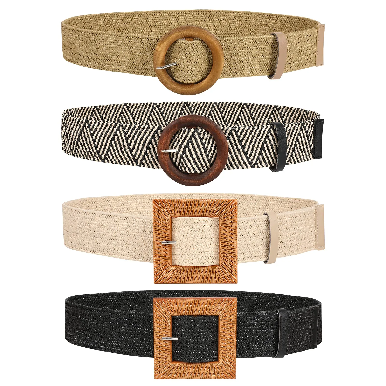 Straw Woven Elastic Stretch Belts Women, Wide Boho Braided Dress Belts with Wooden Style Buckle by JASGOOD