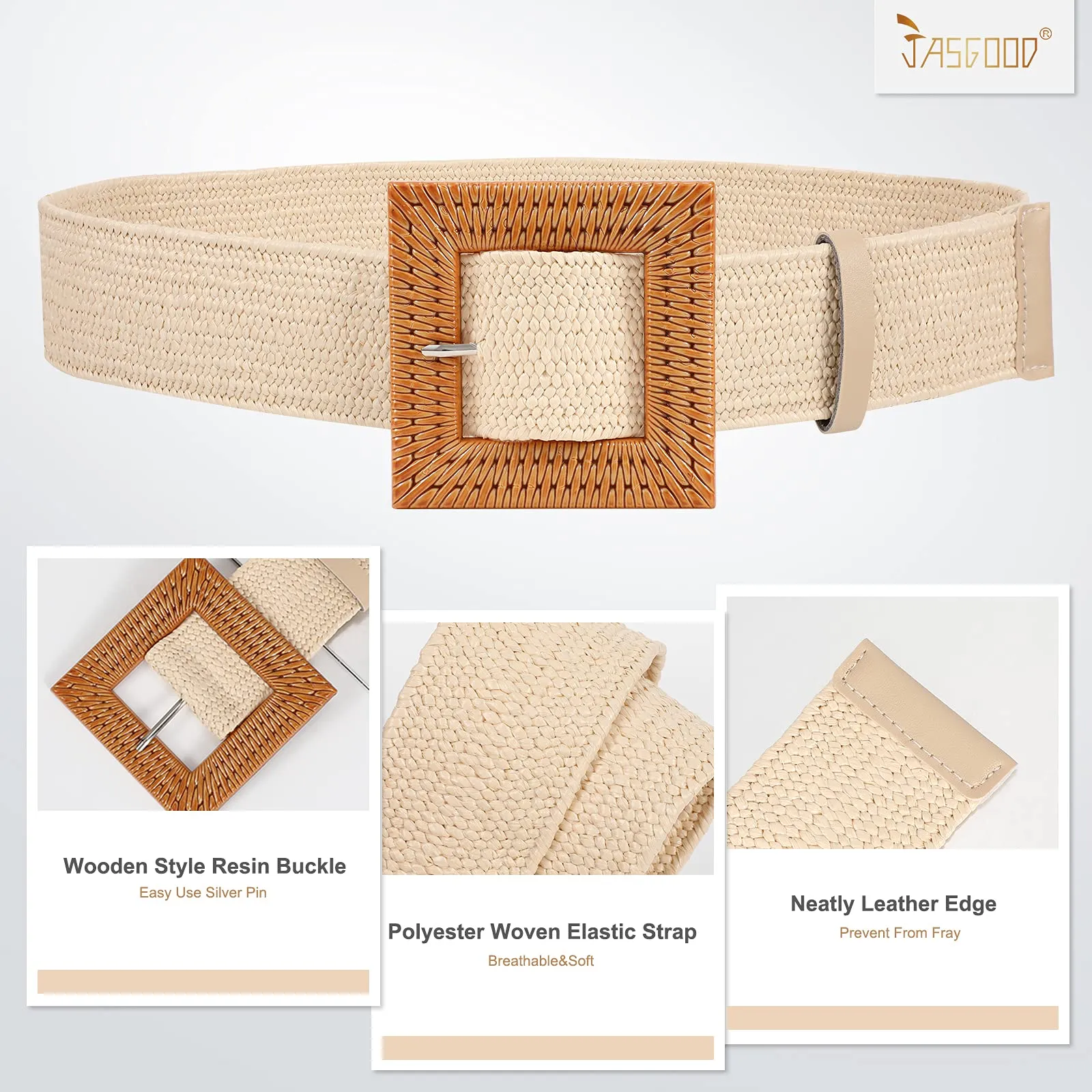 Straw Woven Elastic Stretch Belts Women, Wide Boho Braided Dress Belts with Wooden Style Buckle by JASGOOD