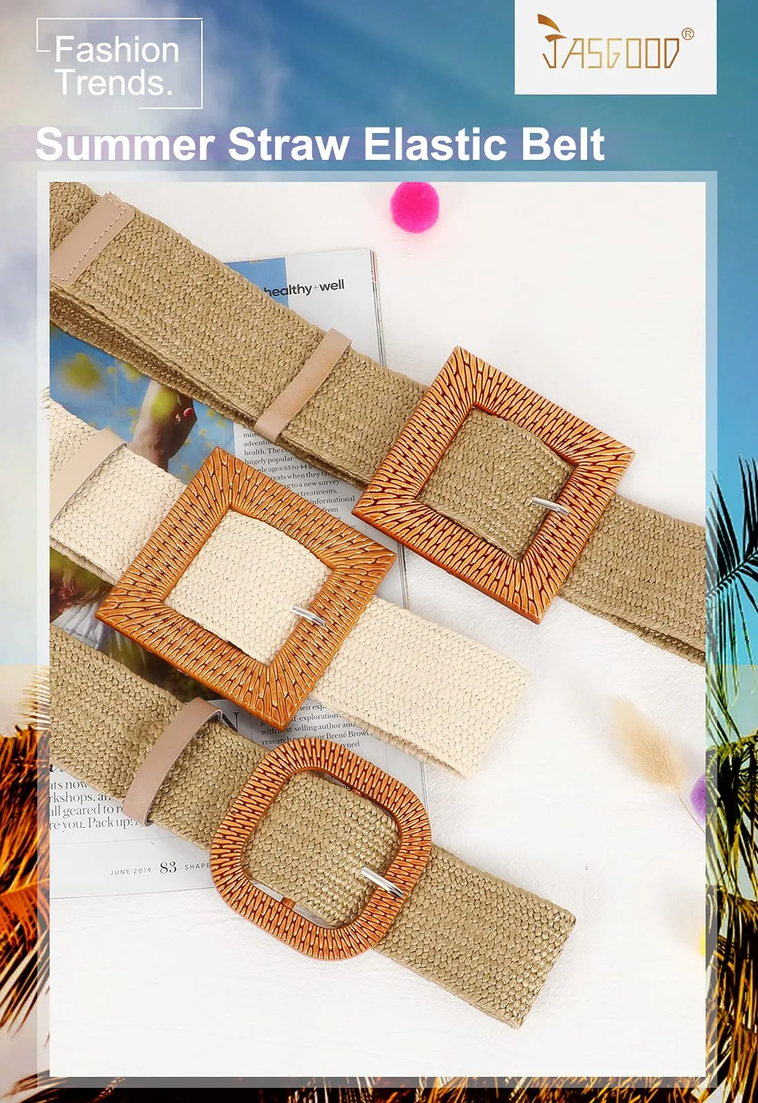 Straw Woven Elastic Stretch Belts Women, Wide Boho Braided Dress Belts with Wooden Style Buckle by JASGOOD