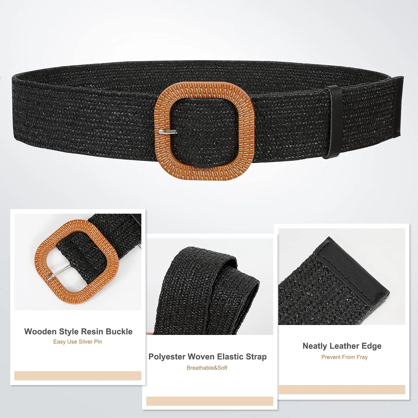 Straw Woven Elastic Stretch Belts Women, Wide Boho Braided Dress Belts with Wooden Style Buckle by JASGOOD