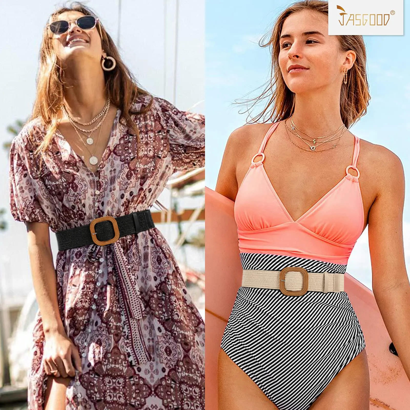 Straw Woven Elastic Stretch Belts Women, Wide Boho Braided Dress Belts with Wooden Style Buckle by JASGOOD