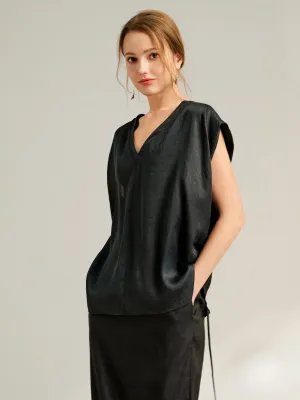 Stretch gambiered canton silk wide shoulder cowl neck top