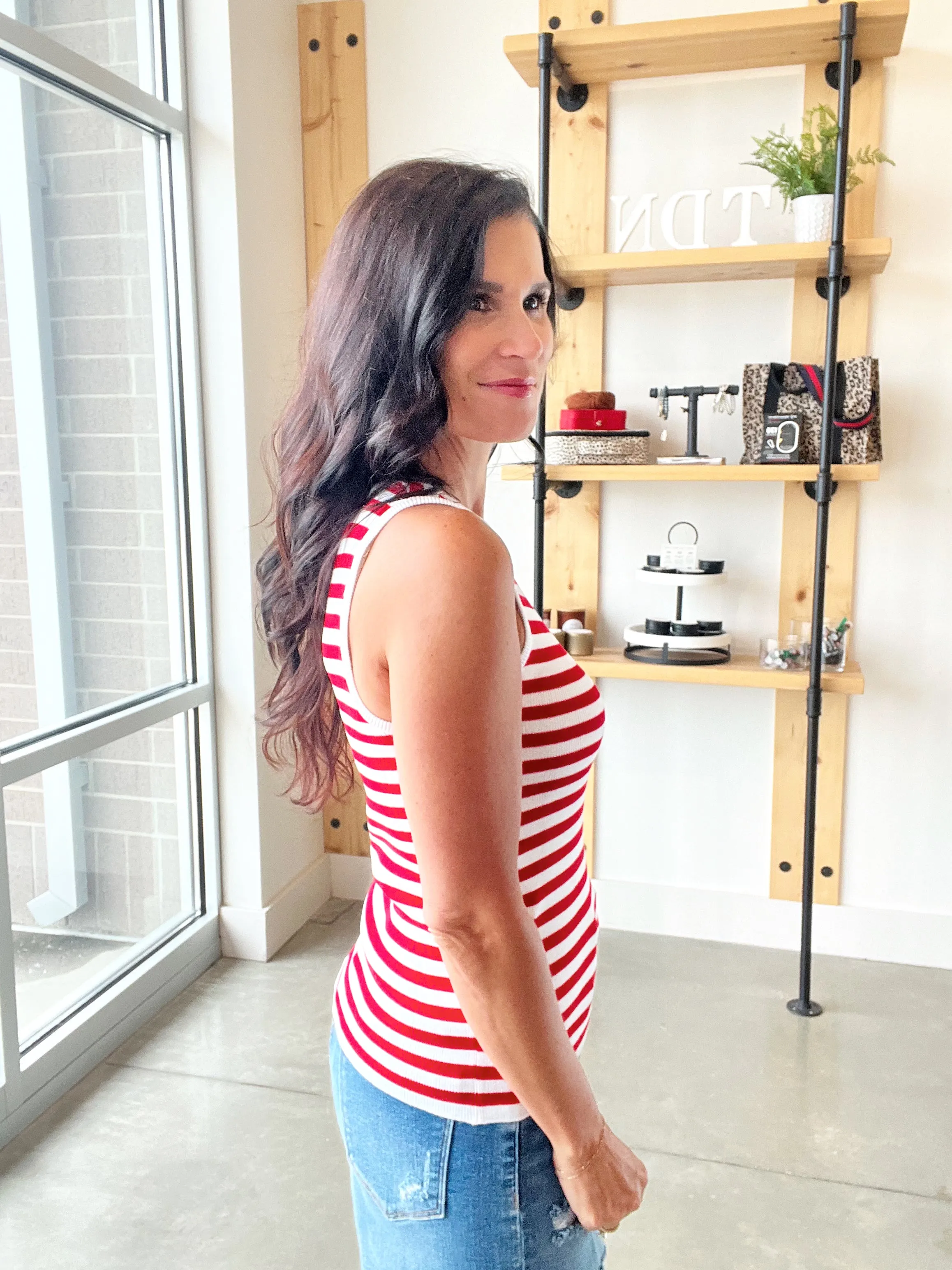 Striped Sweater Tank in White   Red