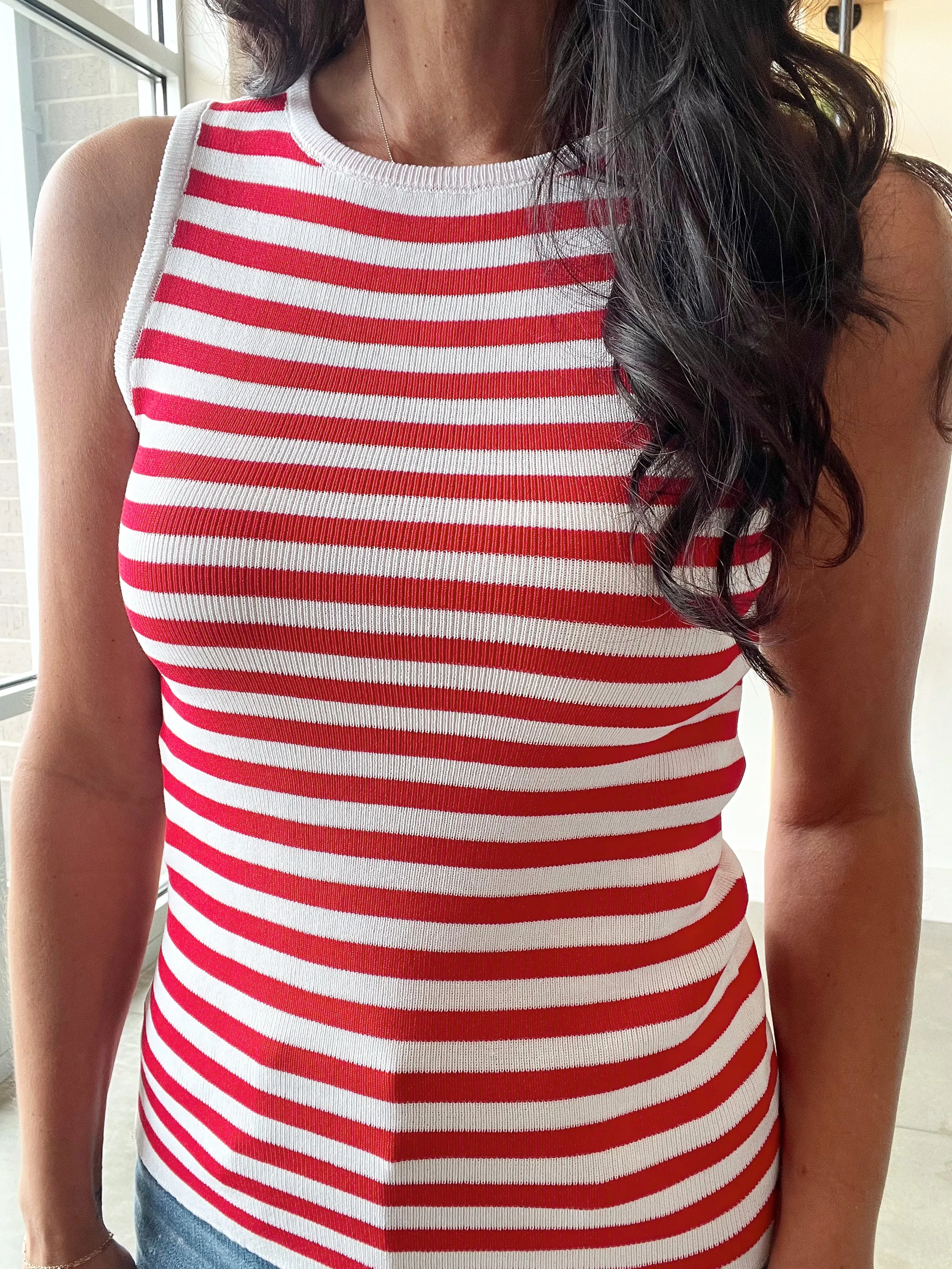 Striped Sweater Tank in White   Red