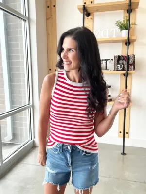 Striped Sweater Tank in White   Red