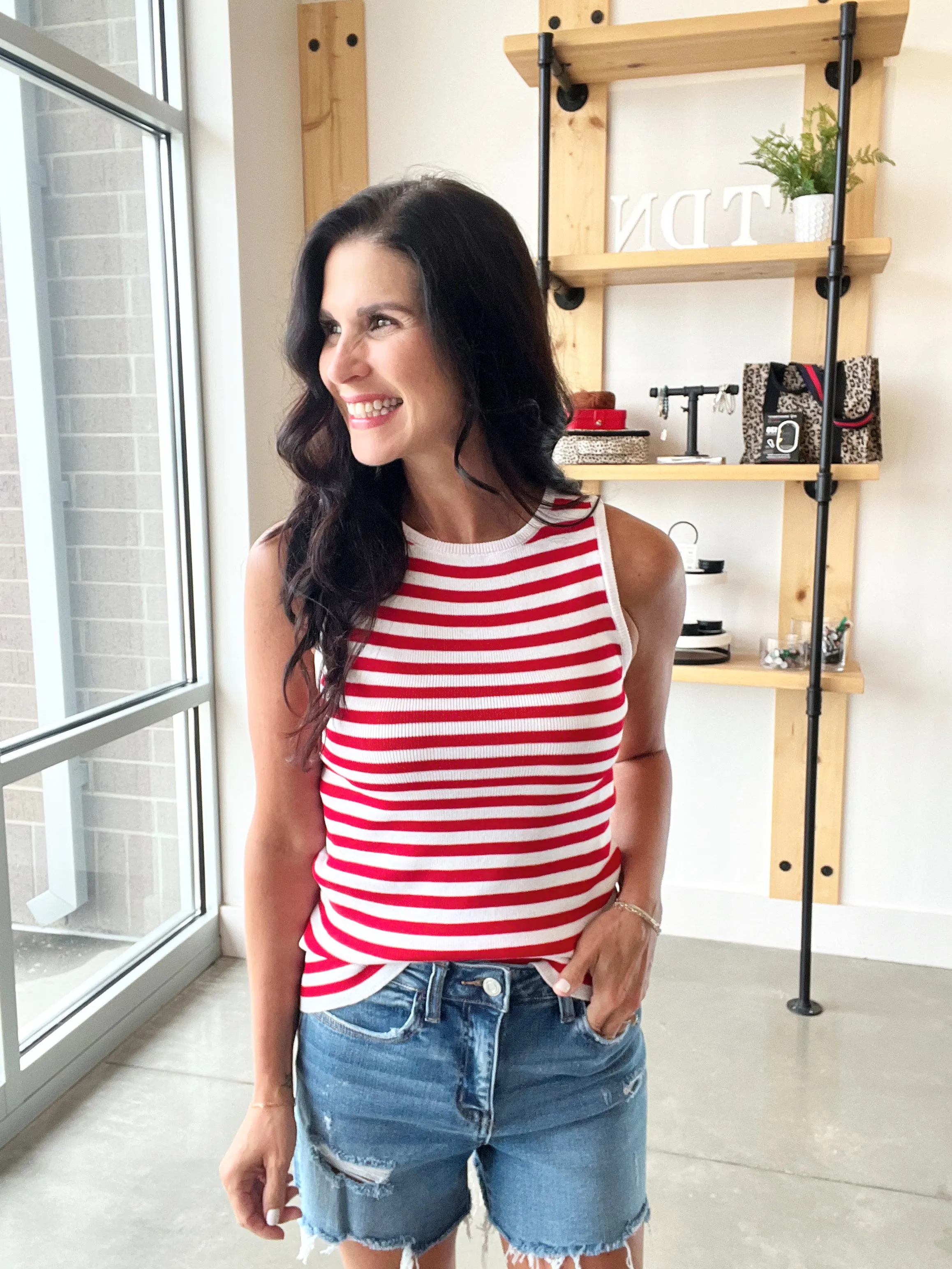 Striped Sweater Tank in White   Red