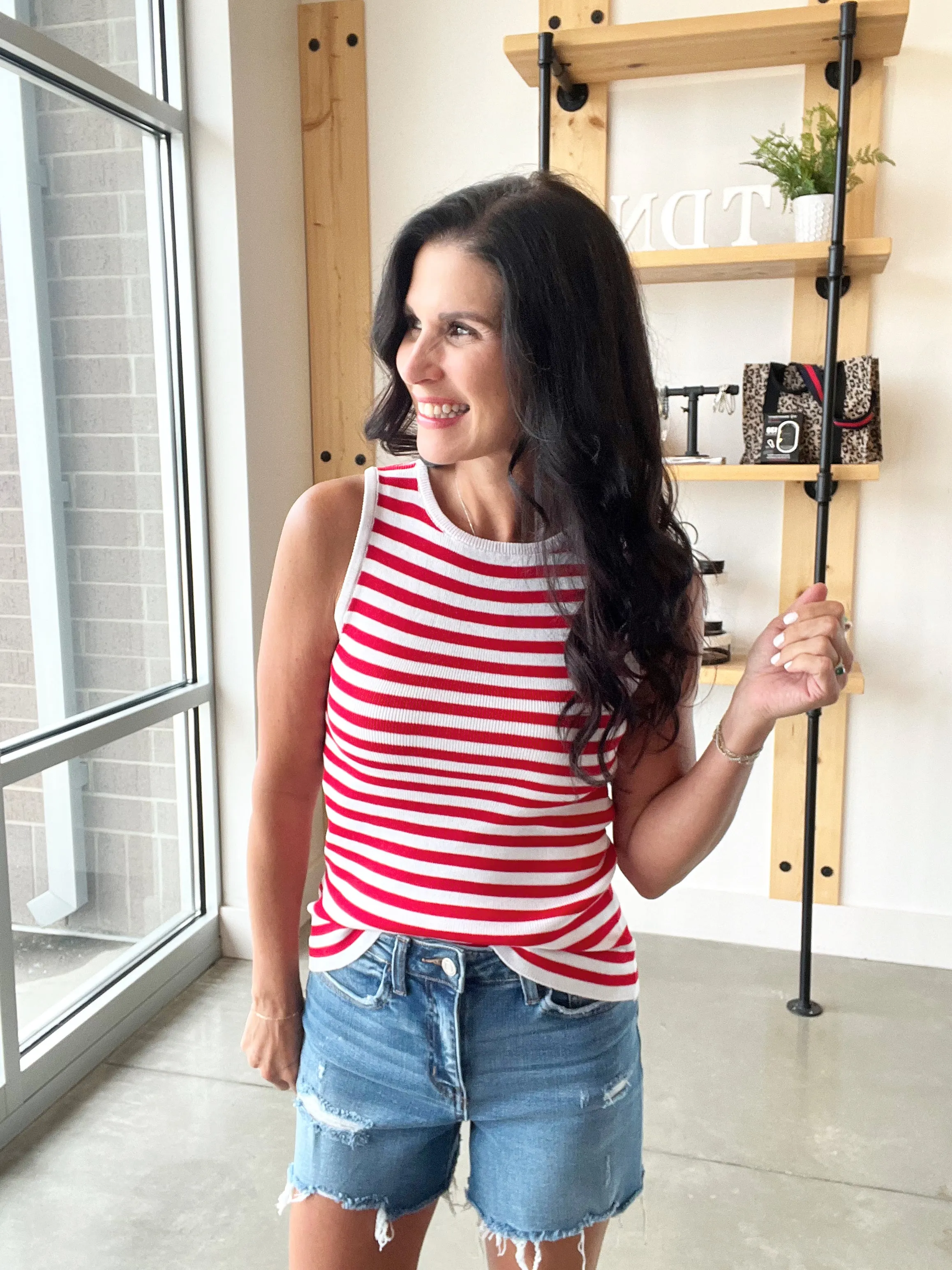 Striped Sweater Tank in White   Red