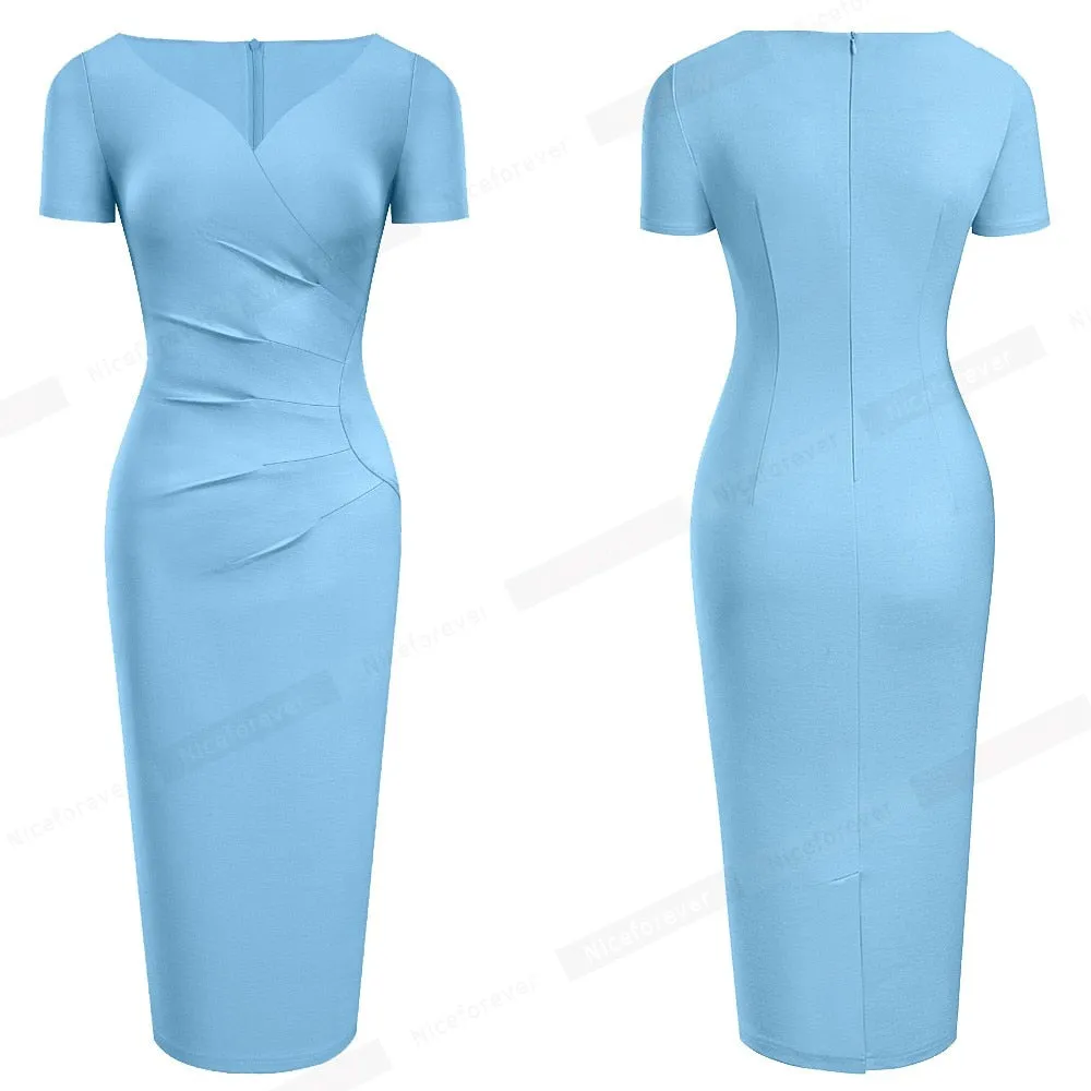 Summer Women Elegant Pure Color Office Dresses Formal Business Party Slim Fitted Dress B621