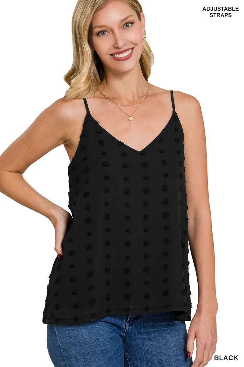 SWISS DOT ADJUSTABLE STRAP V-NECK CAMI TOP-BLACK