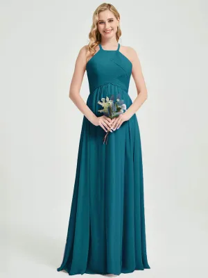 Teal Halter Pleated Keyhole Back Chiffon Floor Length Bridesmaid Dress