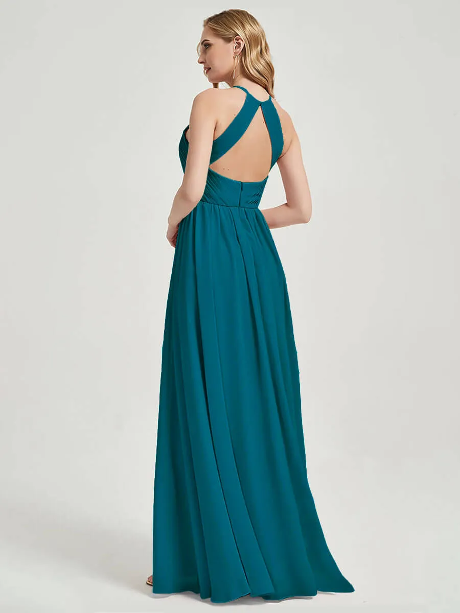 Teal Halter Pleated Keyhole Back Chiffon Floor Length Bridesmaid Dress