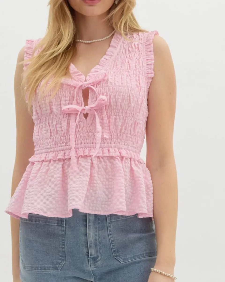 Textured Sleeveless Peplum Smocked Top In Light Pink