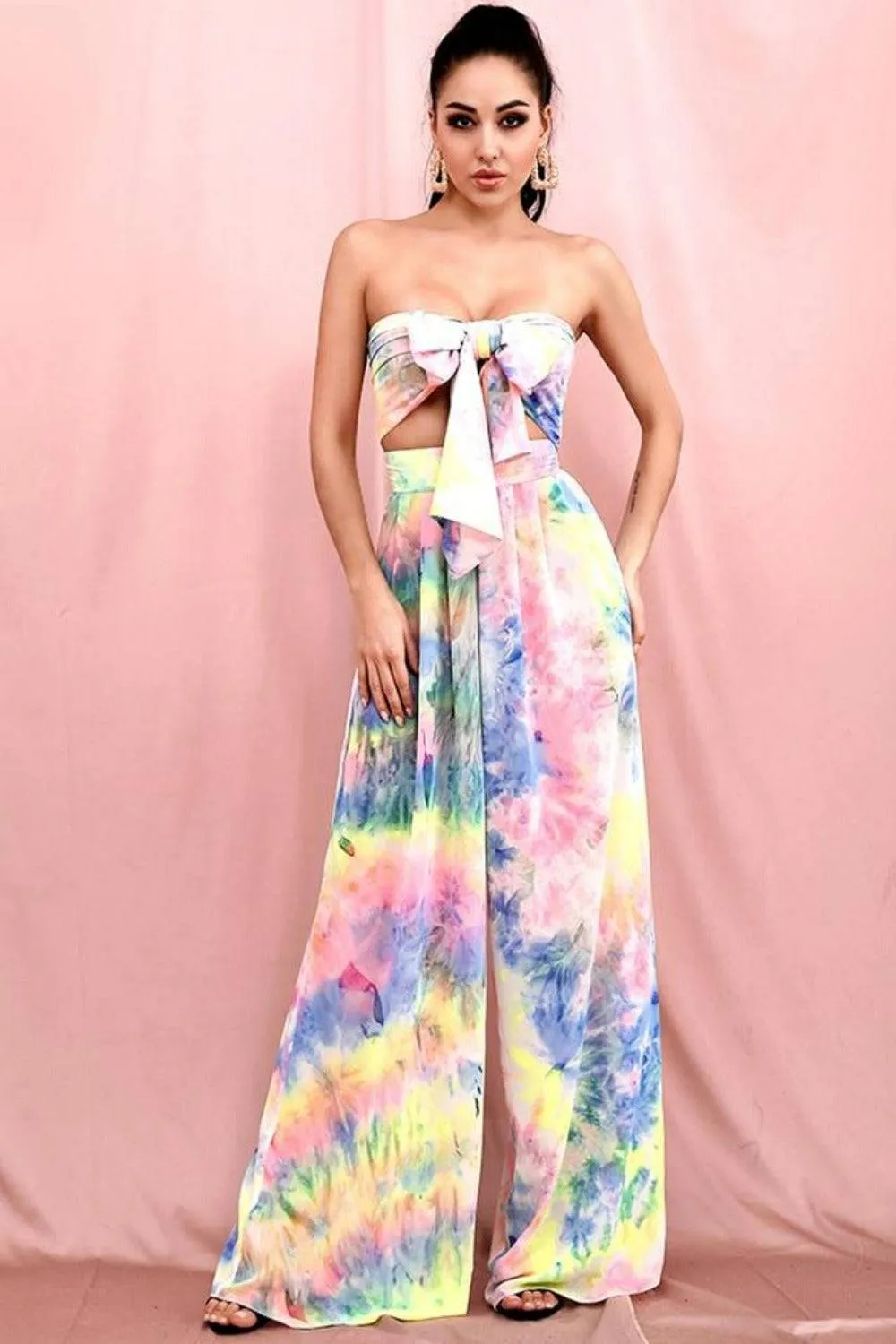 Tie Dye Strapless Tie Front High Waist Wide Leg Jumpsuit Pants Set
