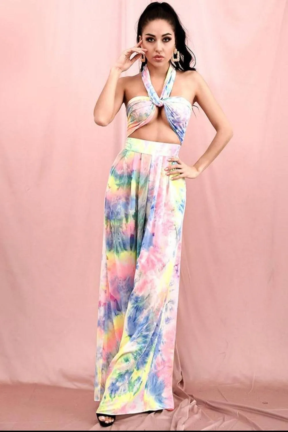 Tie Dye Strapless Tie Front High Waist Wide Leg Jumpsuit Pants Set