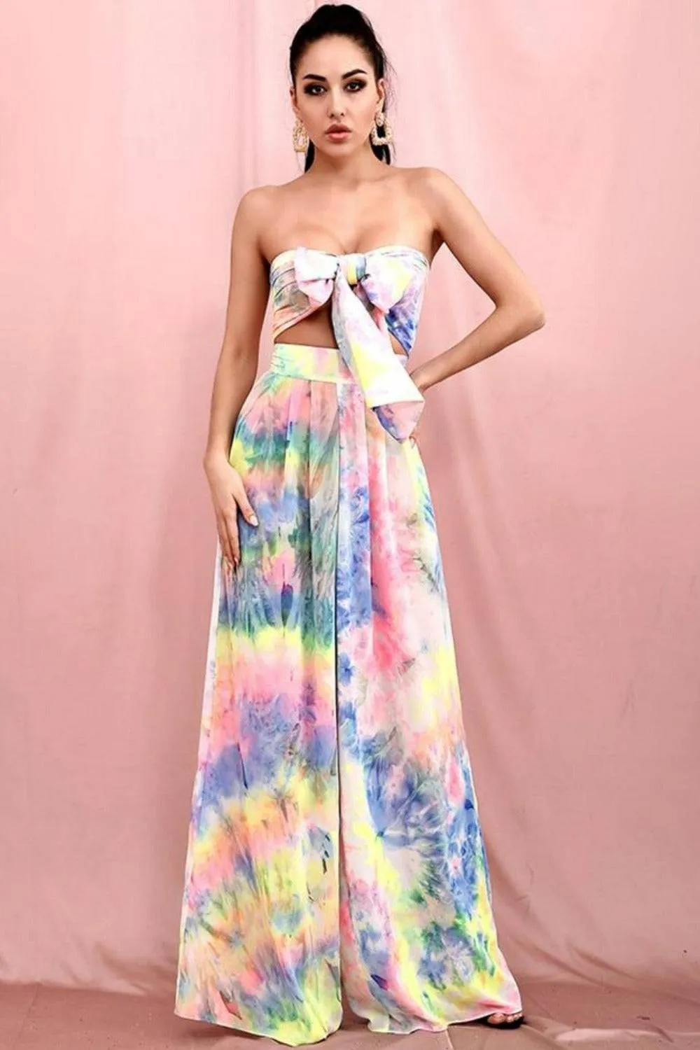Tie Dye Strapless Tie Front High Waist Wide Leg Jumpsuit Pants Set